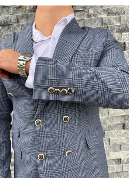 Erkek Slim Fit Ekose Desenli Kruvaze Ceket modelleri