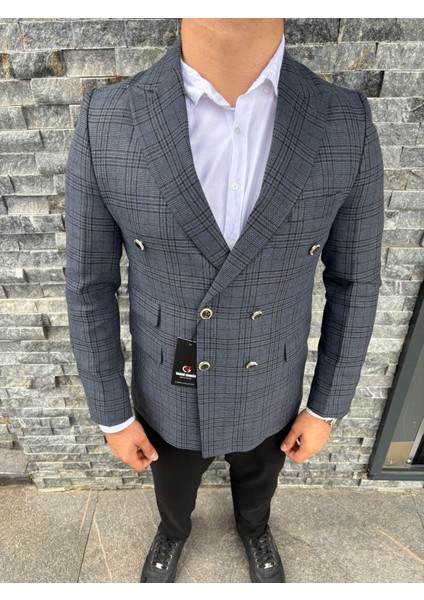 Erkek Slim Fit Ekose Desenli Kruvaze Ceket