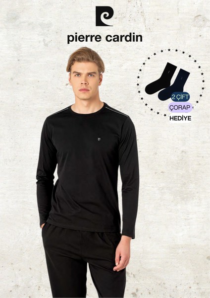 Erkek %100 Pamuk Uzun Kollu Logolu Siyah Pijama Takımı (2 Adet Hediye Çorap) L1.PC.6100.001