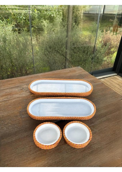 4 ’lü Hasır Görünümlü Servis ve Sunum Seti – Şık Masa Sunumları Için - Turuncu