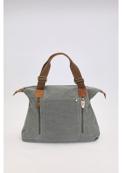 A.Mavi Çift Fermuarlı Kumaş Askılı El Çantası