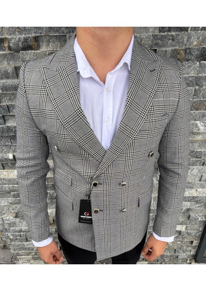 Erkek Slim Fit Ekose Desenli Kruvaze Ceket