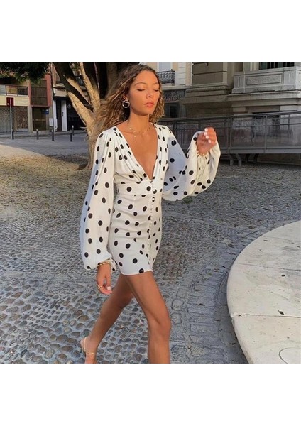 Beyaz Uzun Kollu Puantiye Mikro Kumaş Mini Elbise fiyatları