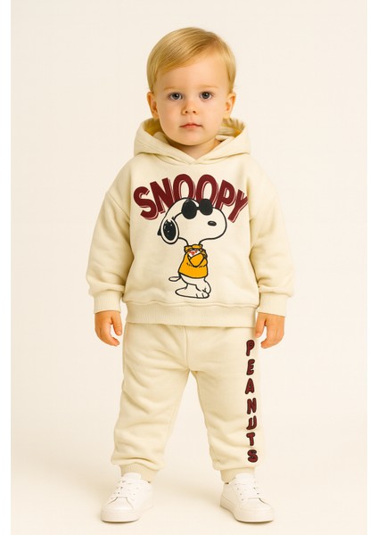 Snoopy Peanuts Baskılı Kapüşonlu Çocuk Alt Üst Eşofman Takım Ekru