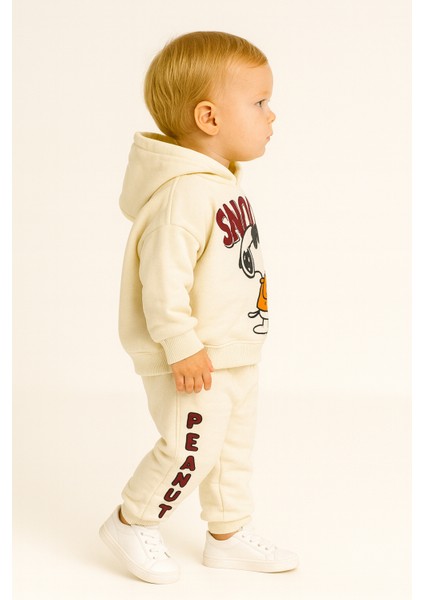 Snoopy Peanuts Baskılı Kapüşonlu Çocuk Alt Üst Eşofman Takım Ekru fiyatları