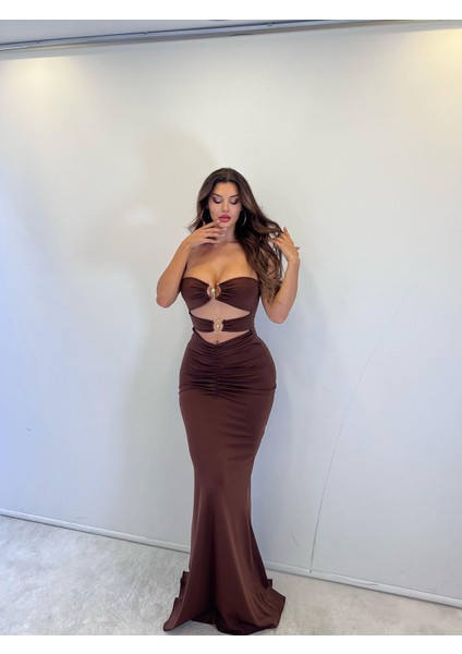 Kahve Dalgıç Kumaş Toka Detaystraplez Maksi Elbise