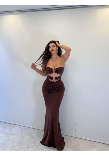 Kahve Dalgıç Kumaş Toka Detaystraplez Maksi Elbise modelleri