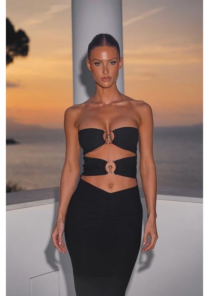 Siyah Dalgıç Kumaş Toka Detaystraplez Maksi Elbise