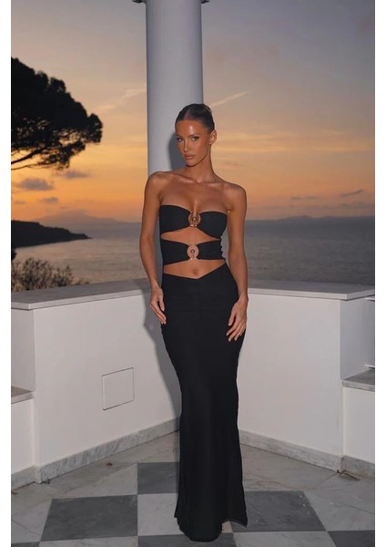 Siyah Dalgıç Kumaş Toka Detaystraplez Maksi Elbise fiyatları