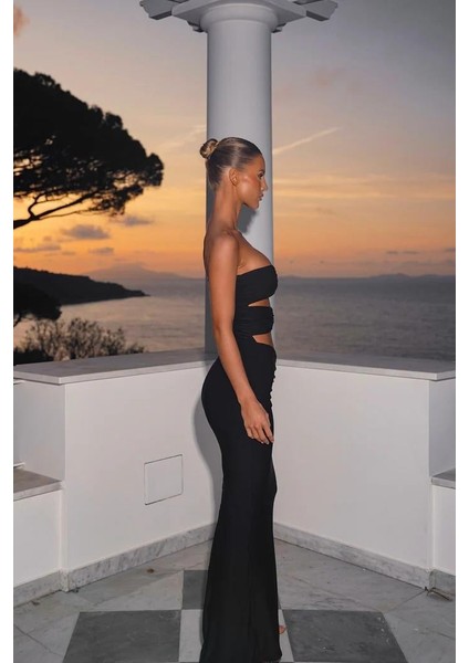 Siyah Dalgıç Kumaş Toka Detaystraplez Maksi Elbise modelleri