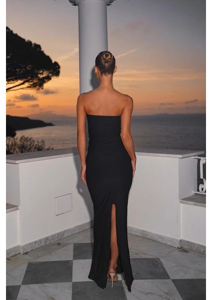 Siyah Dalgıç Kumaş Toka Detaystraplez Maksi Elbise fırsatları