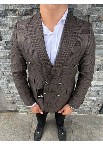 Erkek Slim Fit Ekose Desenli Kruvaze Ceket