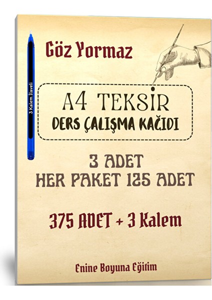 A4 Teksir Kağıdı Ders Çalışmak Için (3 Paket + 3 Kalem)