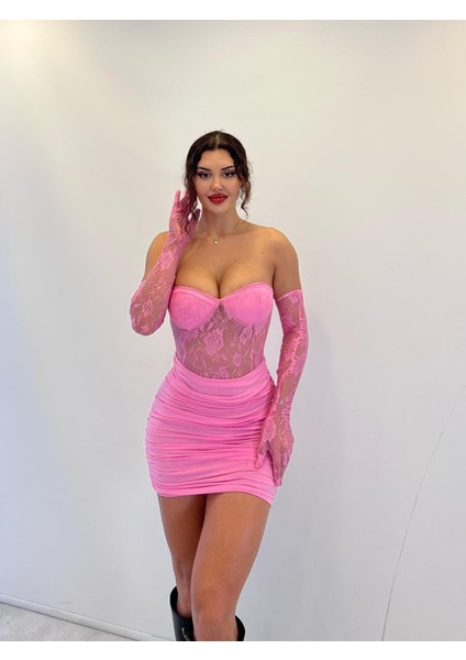 Pembe Straplez Eldivenli Dantelli Mini Elbise fiyatları