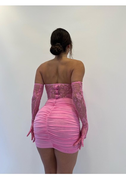 Pembe Straplez Eldivenli Dantelli Mini Elbise modelleri