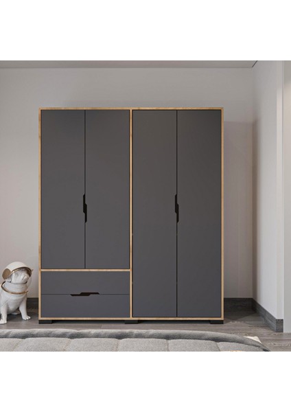 Royal 4 Kapaklı Çekmeceli Full Antrasit Gardırop , Elbise Dolabı, Raflı Dolap, Kulpsuz