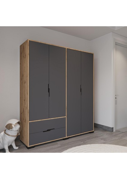 Royal 4 Kapaklı Çekmeceli Full Antrasit Gardırop , Elbise Dolabı, Raflı Dolap, Kulpsuz fiyatları