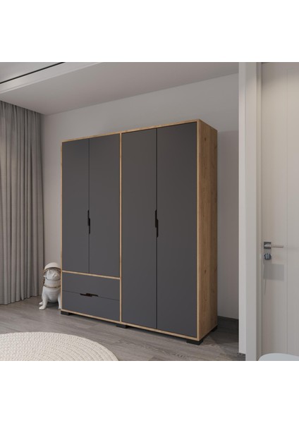 Royal 4 Kapaklı Çekmeceli Full Antrasit Gardırop , Elbise Dolabı, Raflı Dolap, Kulpsuz modelleri