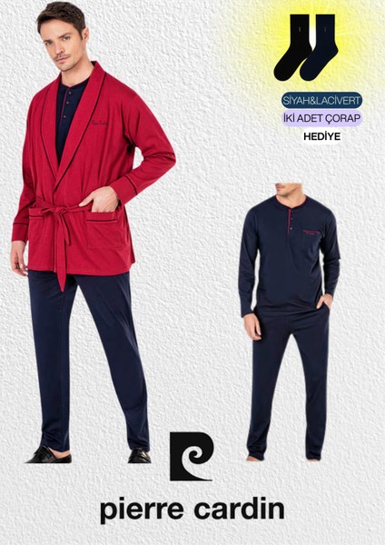 Erkek Bordo Penye 3'lü Robdöşambır & Uzun Kollu Pijama Takımı (2 Adet Çorap Hediyeli)