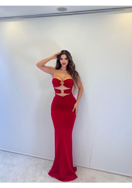 Kırmızı Dalgıç Kum.toka Det.straplez Maksi Elbise modelleri