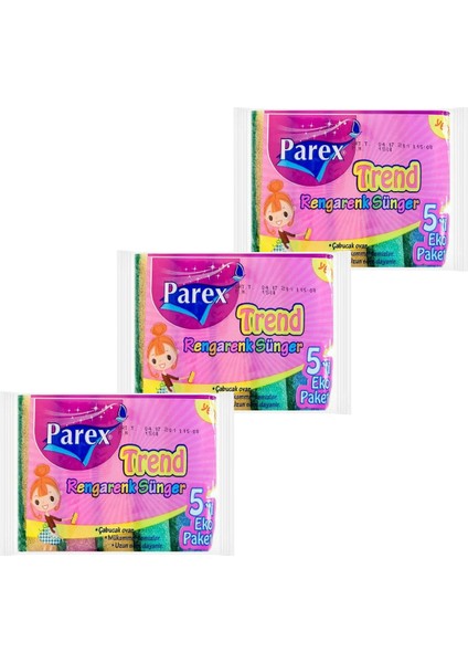 Rengarenk 5'li Düz Sünger Üçlü Paket