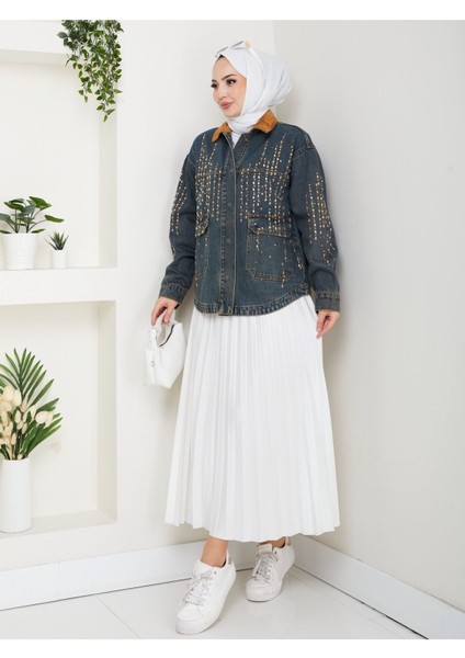 Kadife Yakalı Kot Ceket Koyu Mavi- Zikzak Desen