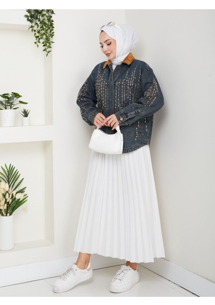 Kadife Yakalı Kot Ceket Koyu Mavi- Zikzak Desen fiyatları