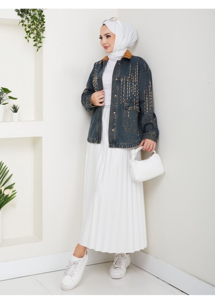 Kadife Yakalı Kot Ceket Koyu Mavi- Zikzak Desen modelleri