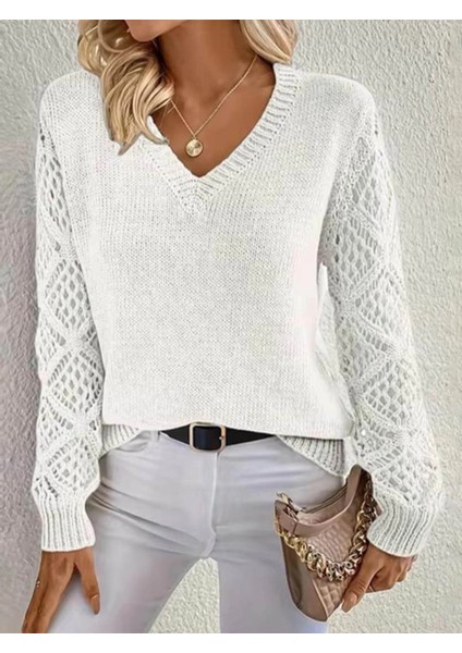 Mdb Kadın Uzun Kollu V Yaka Kol Delikli Baklava Desen Detaylı Triko Kazak modelleri