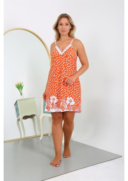 Kadın Pamuk Büyük Beden Ip Askılı Desenli Gecelik Turuncu fırsatları