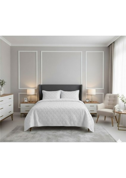 Jakarlı Sakallı Yatak Örtüsü Çift Kişilik Maria Krem