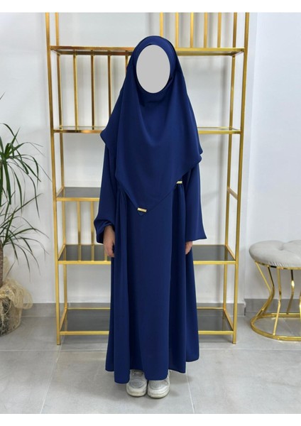 Kız Çocuk Tesettür Elbise,sufle Eşarp Takım Lacivert