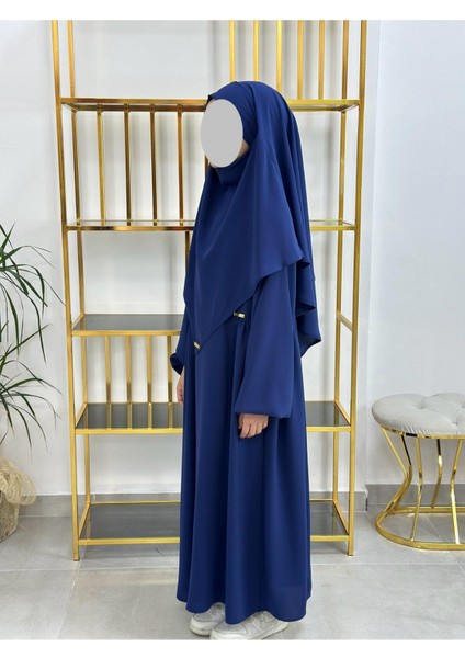 Kız Çocuk Tesettür Elbise,sufle Eşarp Takım Lacivert fiyatları
