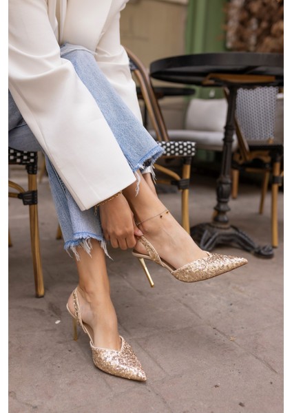 Payette Kadin Altın Payetli Topuklu Sandalet modelleri