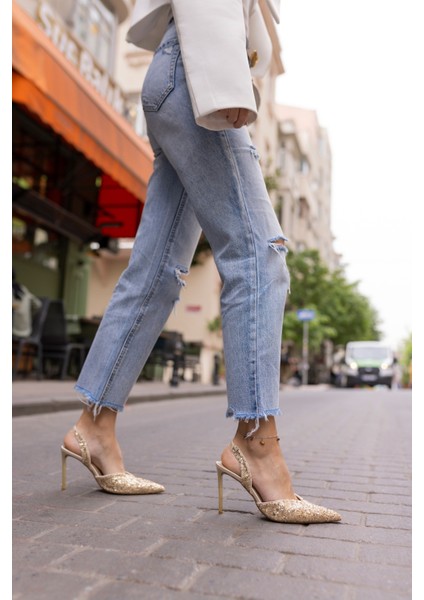 Payette Kadin Altın Payetli Topuklu Sandalet