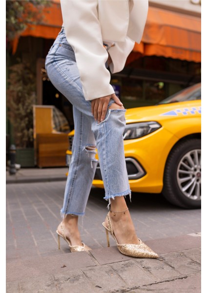 Payette Kadin Altın Payetli Topuklu Sandalet