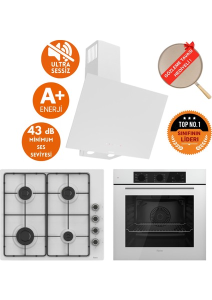 Silenart Dorio Ultra Sessiz Beyaz Ankastre Set ( D081 -Sa + EL066 Emaye Ocak + QBL62CB )