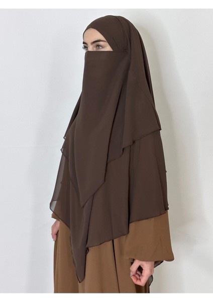 Üç Katlı Hazır Peçeli Sufle Khimar Şifon Esarp 4 Ipli Kahve