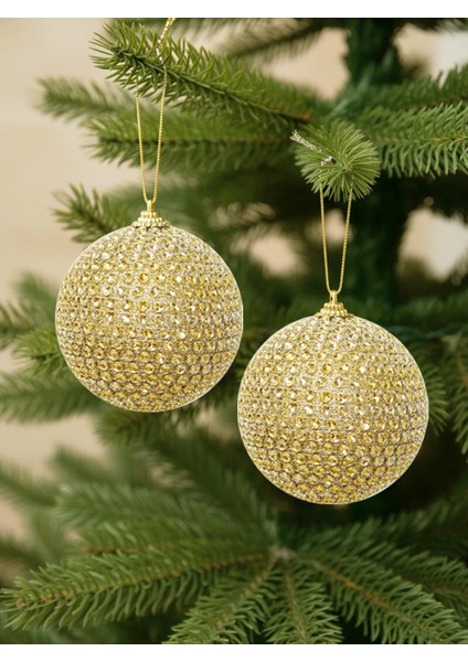 Yılbaşı Topu Kristal Taş Kaplama Çam Ağacı Süsü Altın 10 cm 2'li