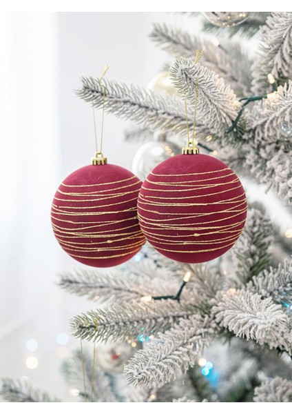Kadife Yılbaşı Topu – Altın Simli Çam Ağacı Süsü Bordo 12 cm 2'li