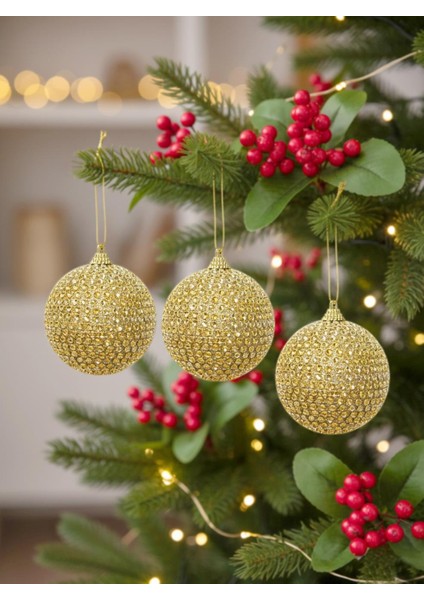 Yılbaşı Topu Kristal Taş Kaplama Çam Ağacı Süsü Altın 8 cm 3'lü