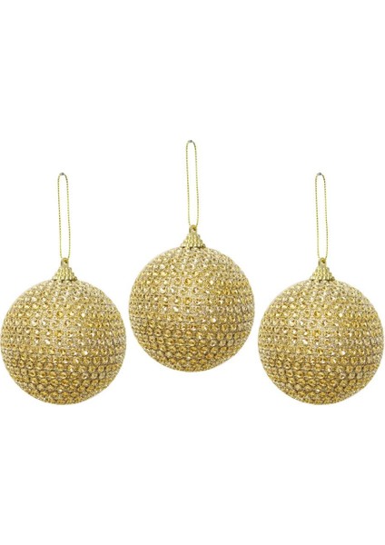 Yılbaşı Topu Kristal Taş Kaplama Çam Ağacı Süsü Altın 8 cm 3'lü modelleri