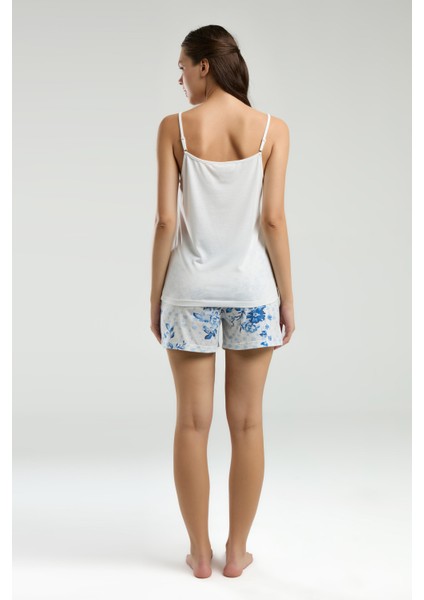 Kadın Ev Giyim Askılı & Şort & Sabahlık 3 Parça Beyaz & Mavi Kutulu Pijama Takımı L1.PC.004.102.K13