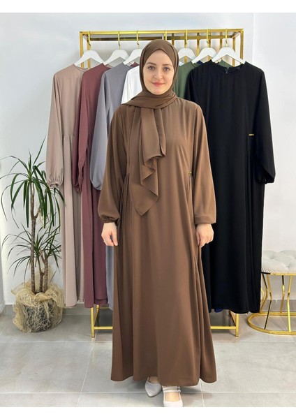 Şallı ,tesettür Yandan Büzgülü Elbise Takım ( Hac ve Umre Için Uygundur) Kahve Renk