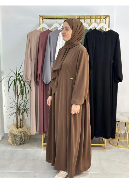 Şallı ,tesettür Yandan Büzgülü Elbise Takım ( Hac ve Umre Için Uygundur) Kahve Renk modelleri