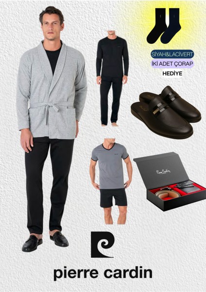 5 Parça Kutulu %100 Pamuk Robdöşambır - Pijama Takımı & Deri Terlik & Hakiki Deri Kemer Cüzdan Set