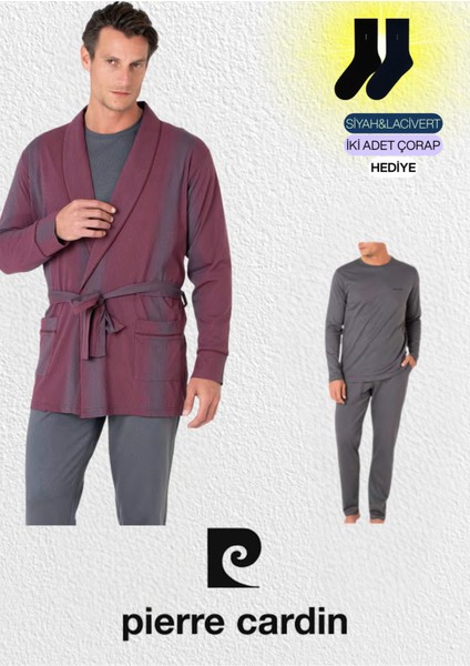 Erkek 3'lü Penye Robdöşambır & Uzun Kollu Pijama Takımı Set (2 Adet Çorap Hediyeli) L1.PC.5635.02