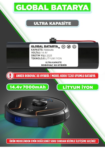 Anker Eufy Robovac X8 Hybrid Uyumlu Akıllı Robot Süpürge Bataryası 14.4V 7000mAh Li-Ion Pil (Ultra Kapasite)