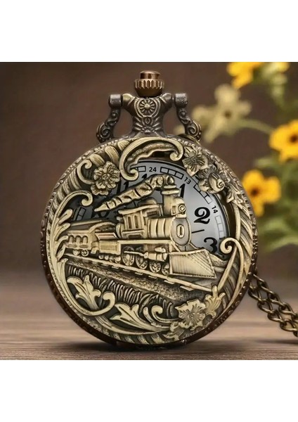 Kişiye Özel Vintage Buharlı Tren Tasarımlı Bronz Cep Saati – Zincirli Antika Görünümlü Hediye Saat