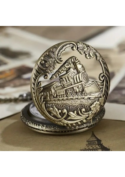 Kişiye Özel Vintage Buharlı Tren Tasarımlı Bronz Cep Saati – Zincirli Antika Görünümlü Hediye Saat fırsatları